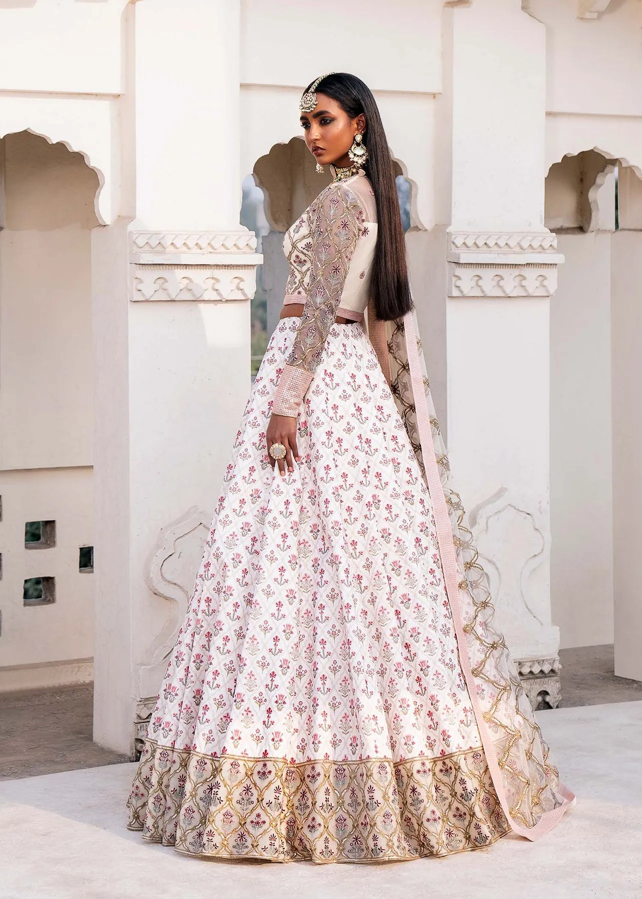 Ivory Pink Contrast Embroidered Pakistani Wedding Wear Lehenga Choli