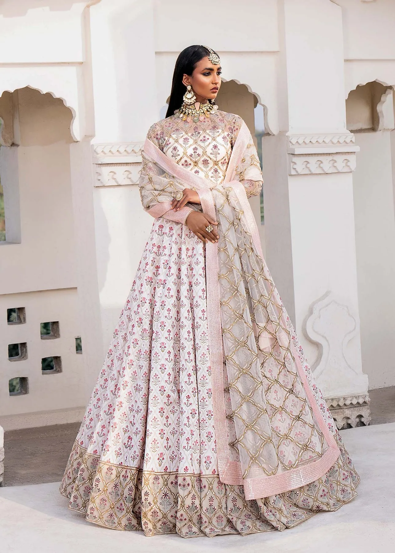 Ivory Pink Contrast Embroidered Pakistani Wedding Wear Lehenga Choli