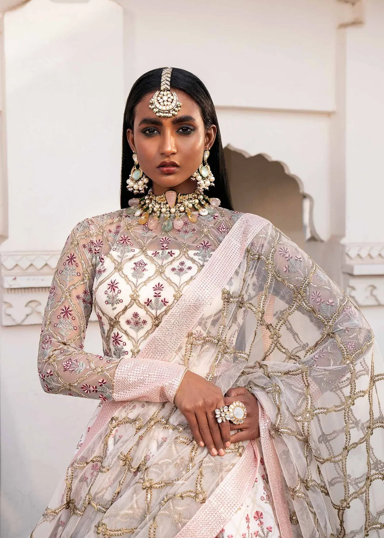 Ivory Pink Contrast Embroidered Pakistani Wedding Wear Lehenga Choli