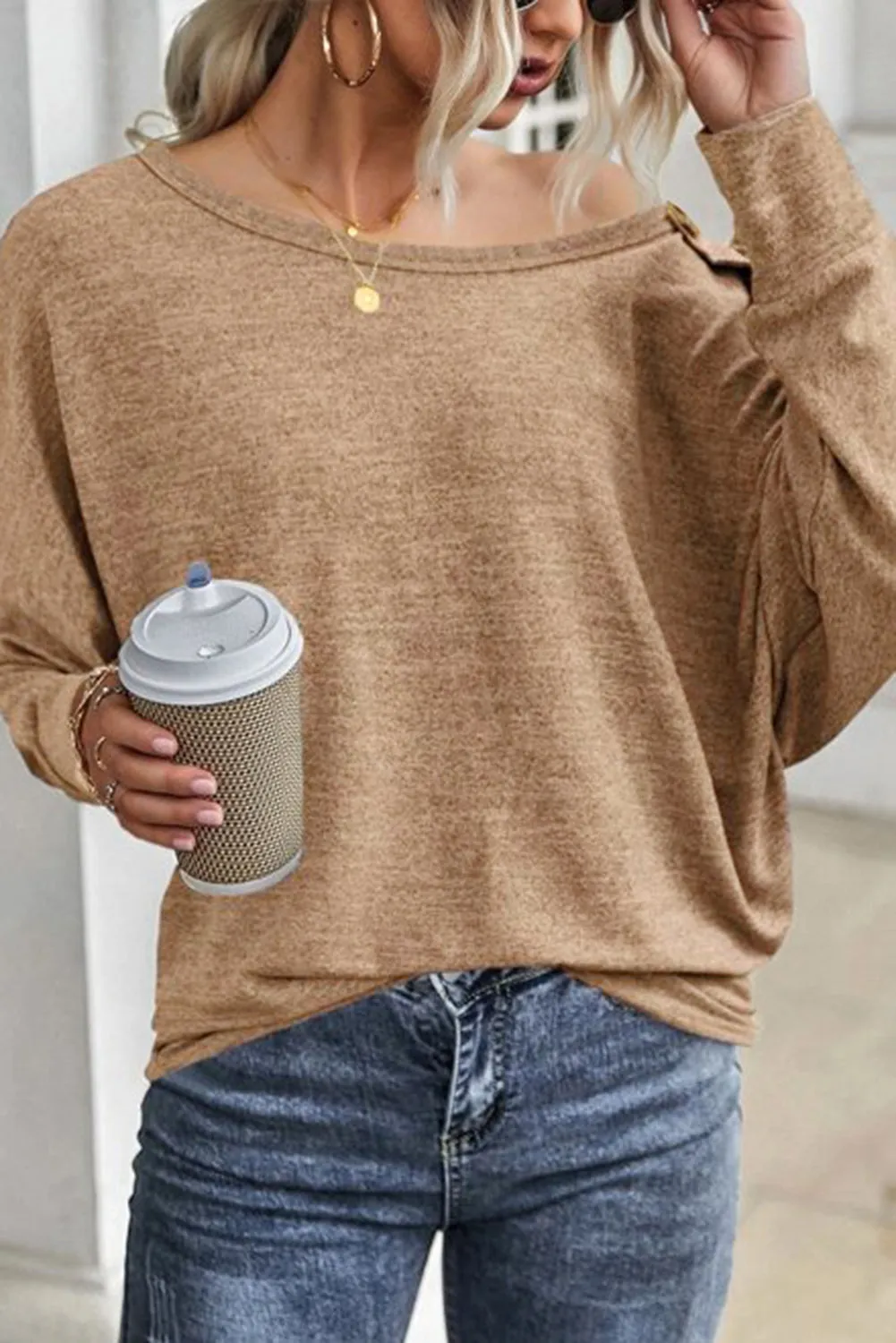 Khaki Solid Color Button Decor Dolman Sleeve Top