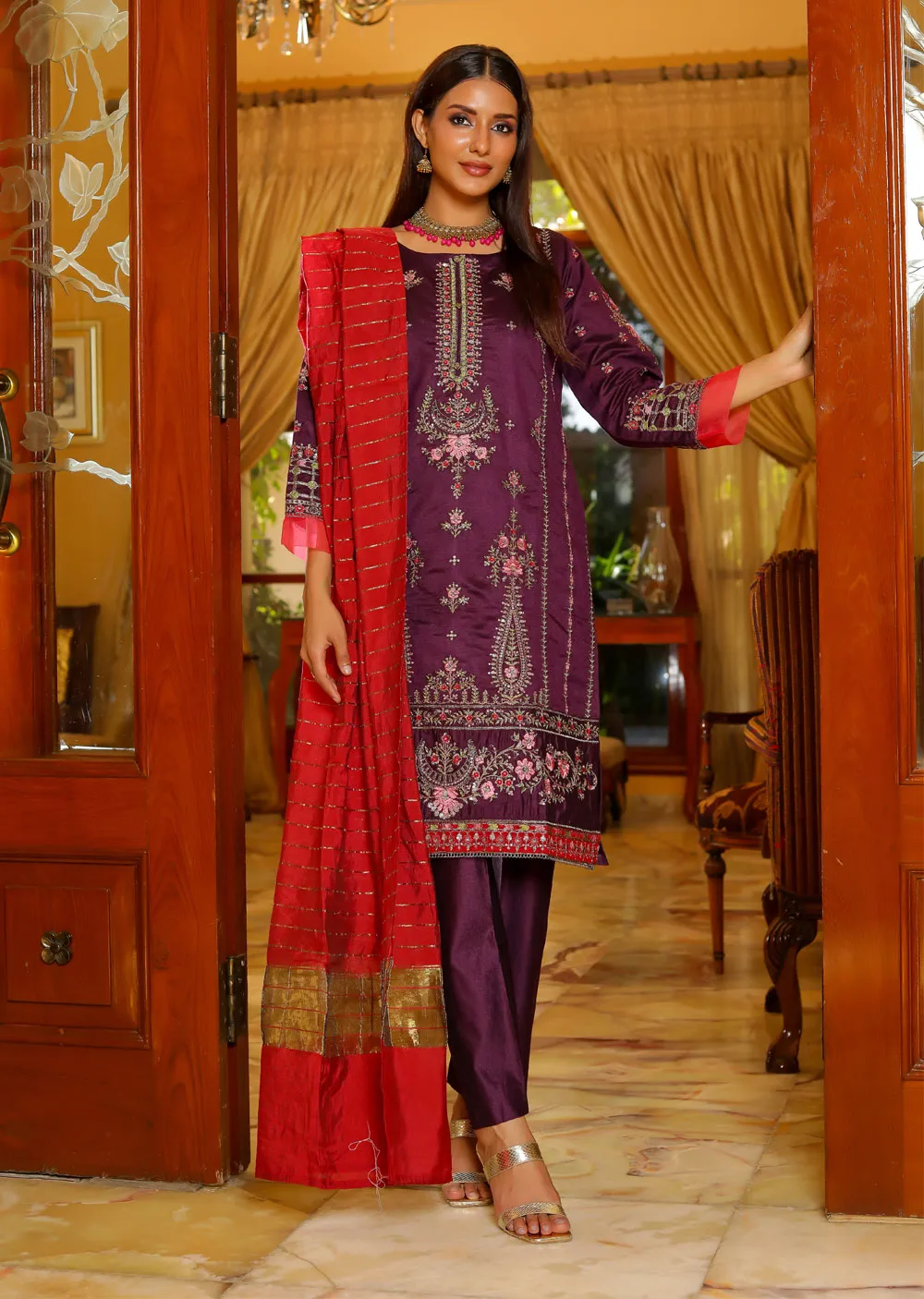 KLD302 Sanaya - Purple Readymade Khadi Net Suit
