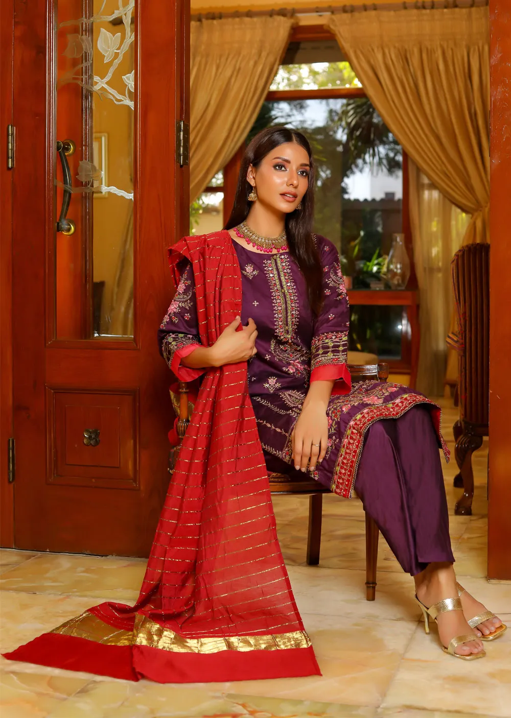 KLD302 Sanaya - Purple Readymade Khadi Net Suit