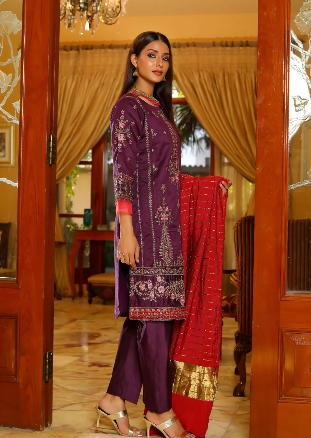 KLD302 Sanaya - Purple Readymade Khadi Net Suit