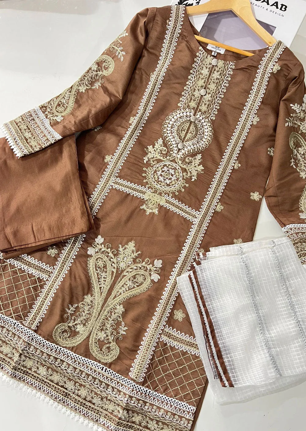KLD304 Effat - Brown Readymade Khadi Net Suit