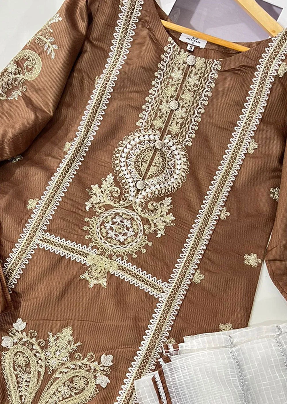 KLD304 Effat - Brown Readymade Khadi Net Suit