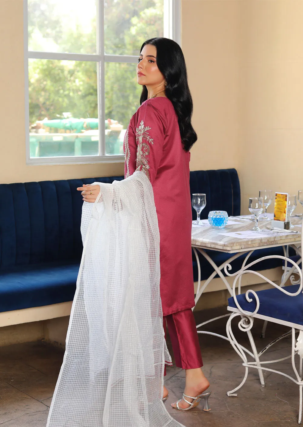 KLD304 Effat - Pink Readymade Khadi Net Suit