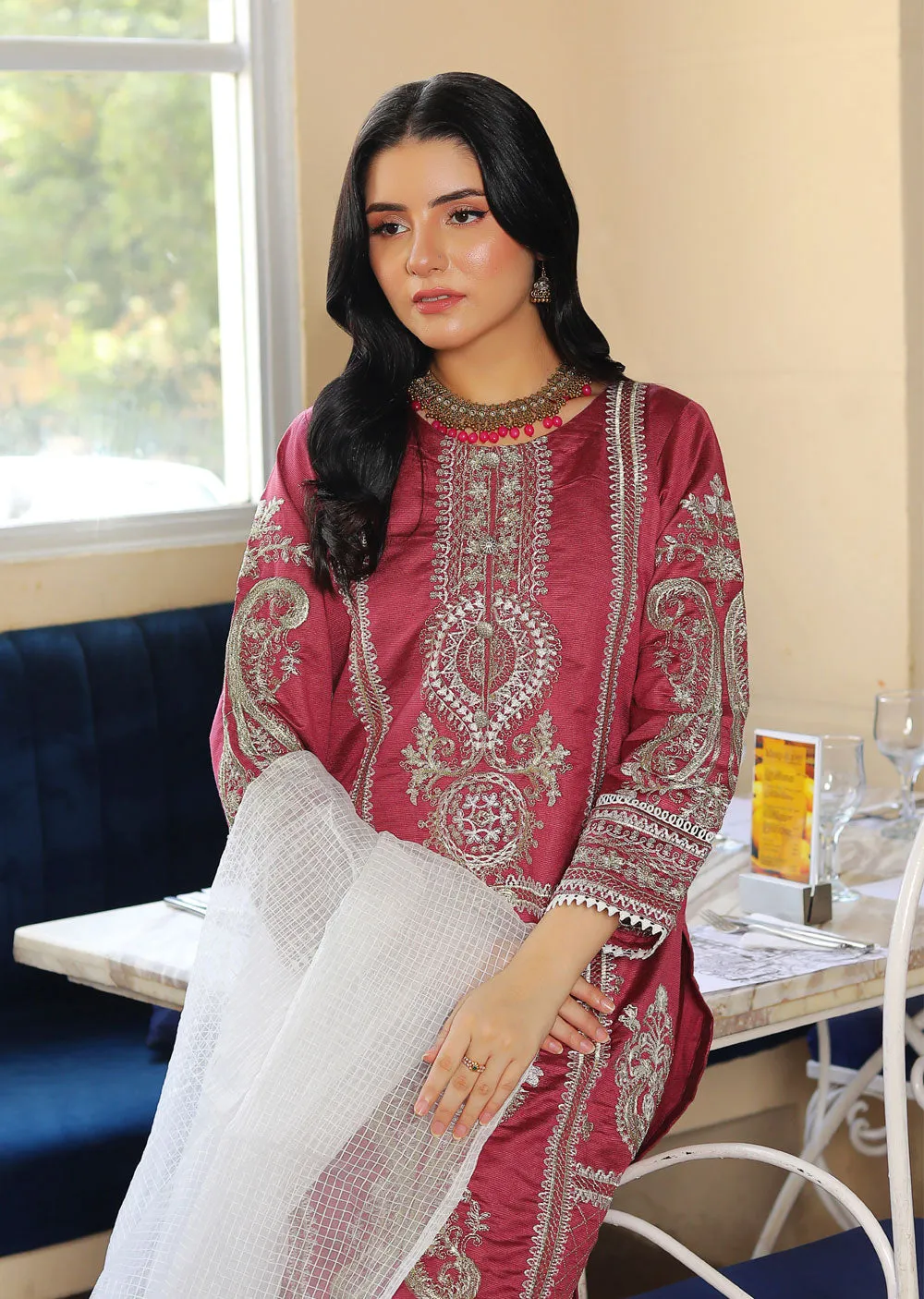KLD304 Effat - Pink Readymade Khadi Net Suit
