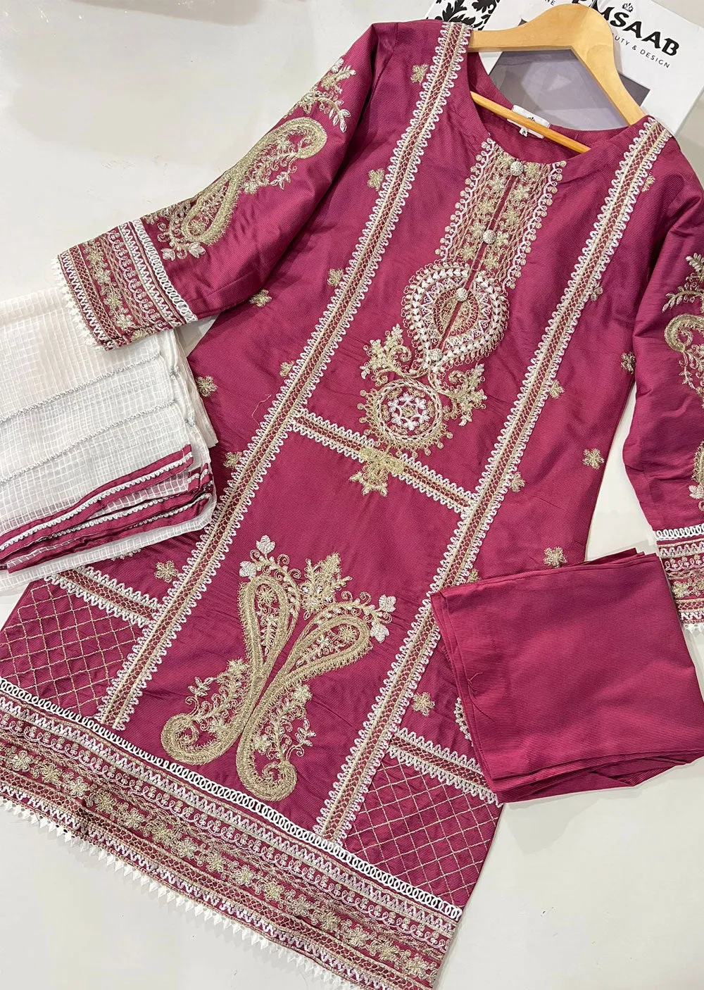 KLD304 Effat - Pink Readymade Khadi Net Suit