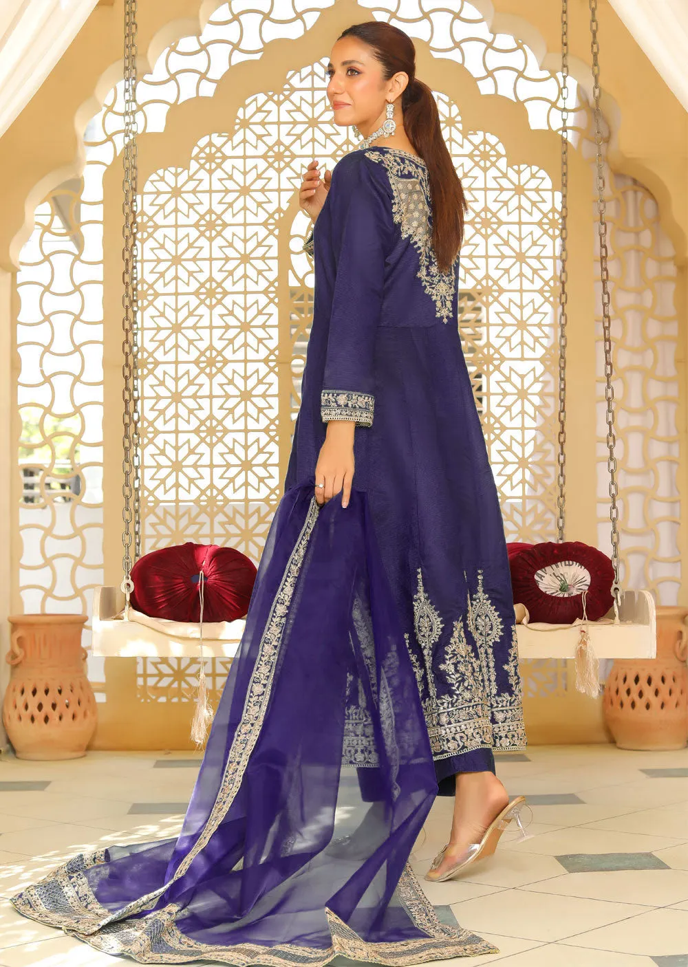KLD318 / KLD1037 Iman - Navy Readymade Khadi Net  Suit