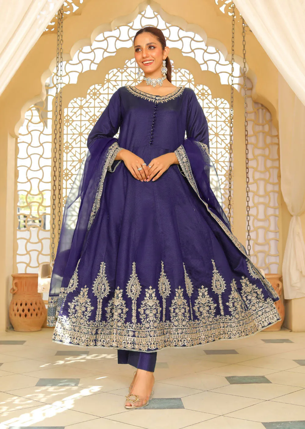 KLD318 / KLD1037 Iman - Navy Readymade Khadi Net  Suit