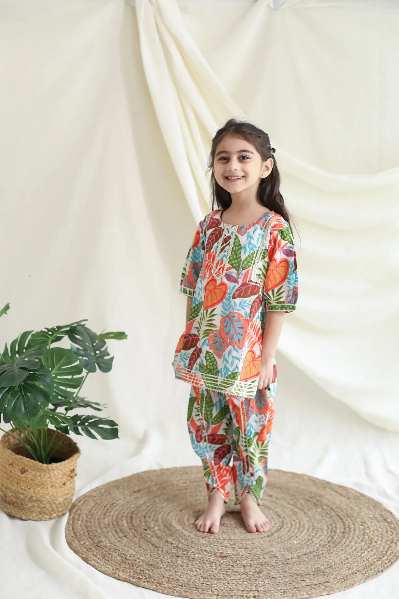 Klingaru Girl Dhoti Set -  Green Orange with Gota lace work