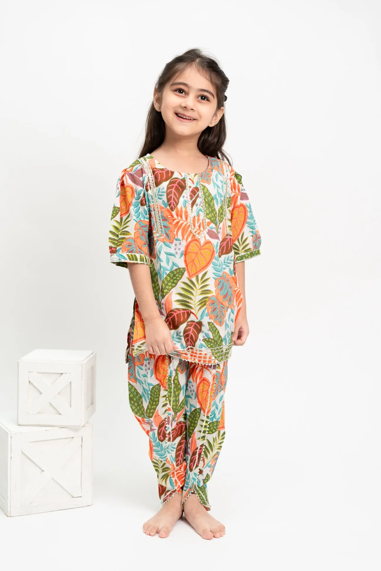 Klingaru Girl Dhoti Set -  Green Orange with Gota lace work