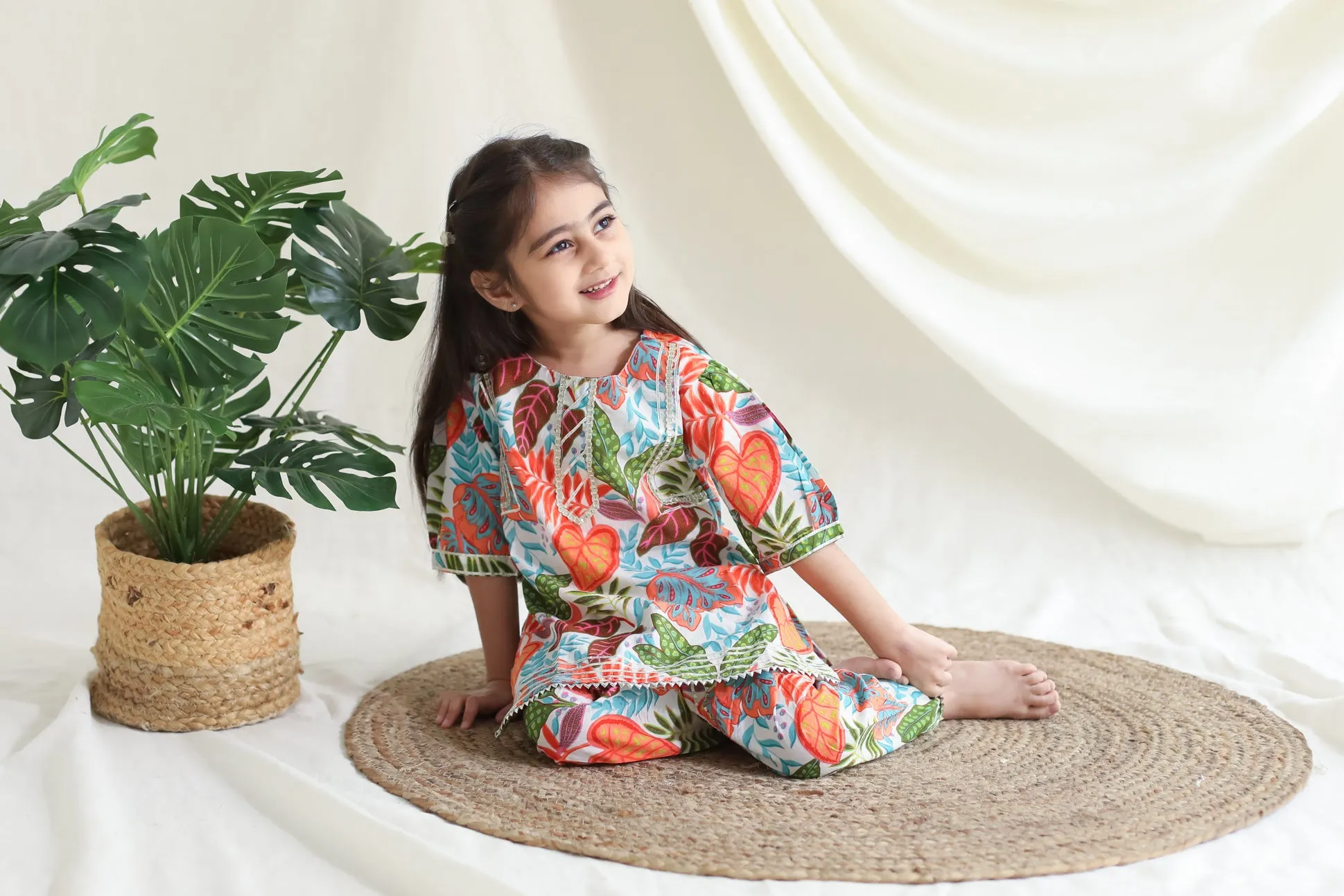 Klingaru Girl Dhoti Set -  Green Orange with Gota lace work