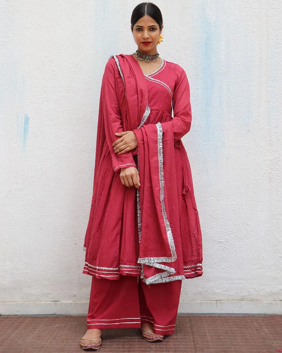 Kusum Crimson Mulmul Cotton Kurta Set with Dupatta Set of 3 - Jugnoo