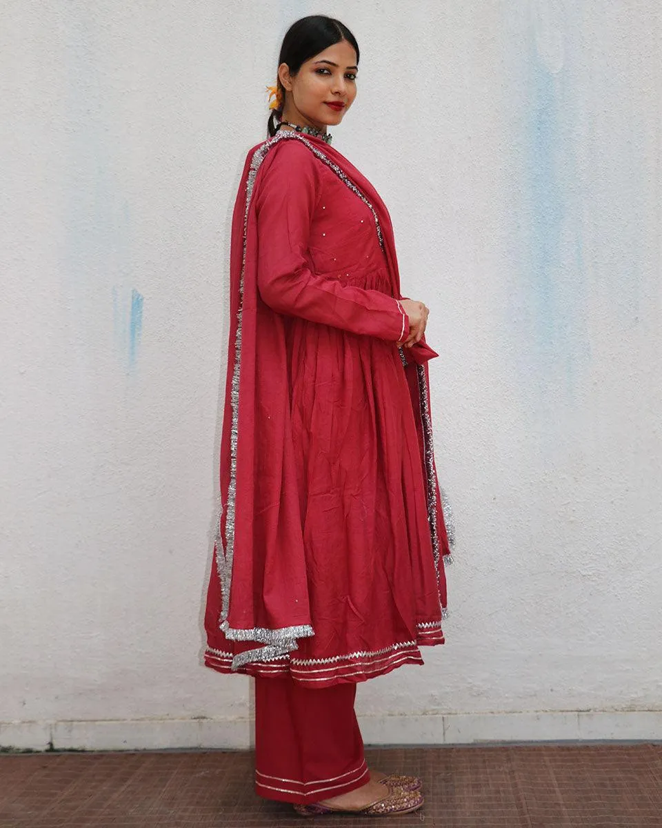Kusum Crimson Mulmul Cotton Kurta Set with Dupatta Set of 3 - Jugnoo