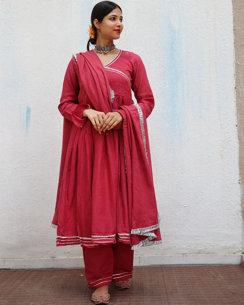 Kusum Crimson Mulmul Cotton Kurta Set with Dupatta Set of 3 - Jugnoo