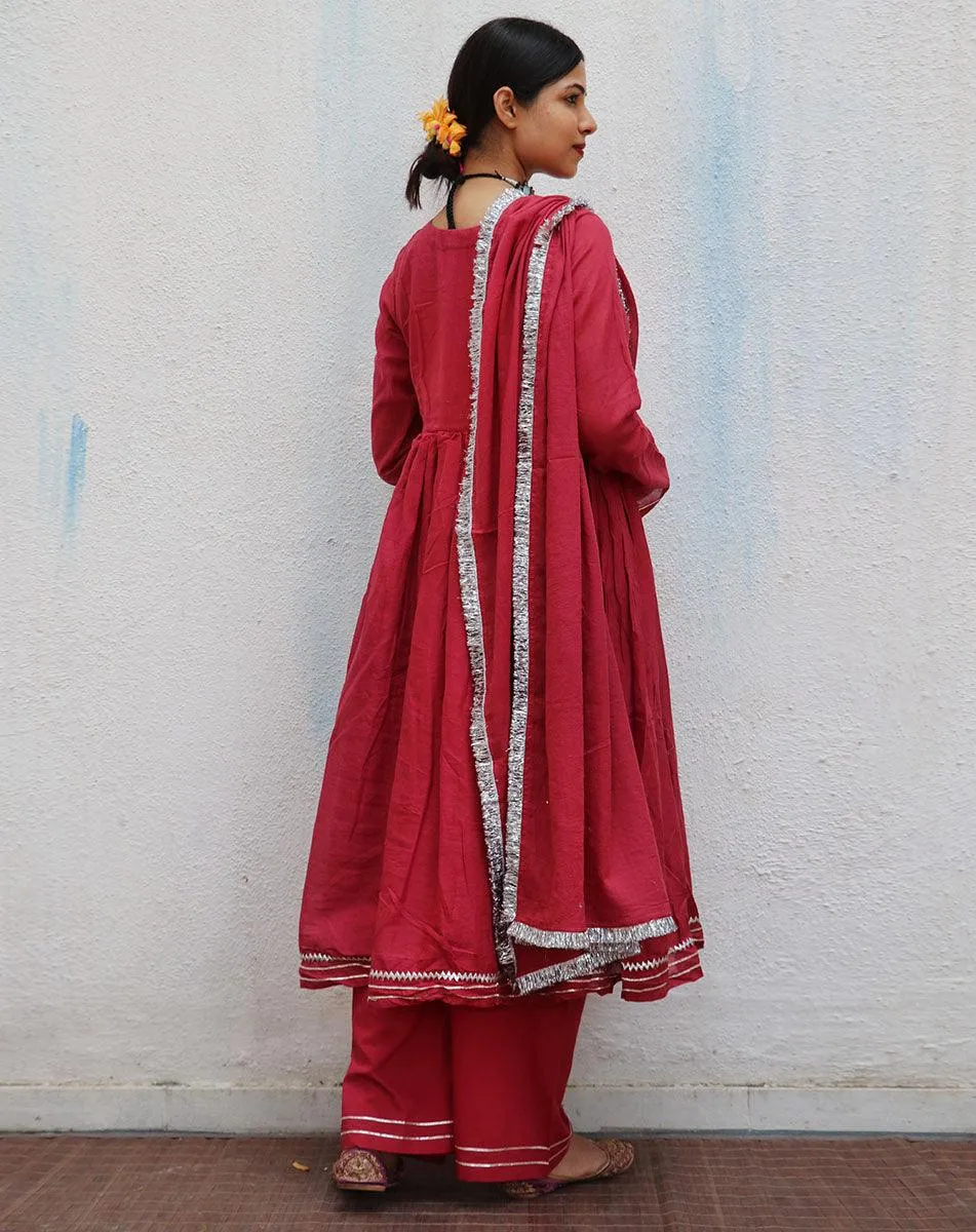 Kusum Crimson Mulmul Cotton Kurta Set with Dupatta Set of 3 - Jugnoo
