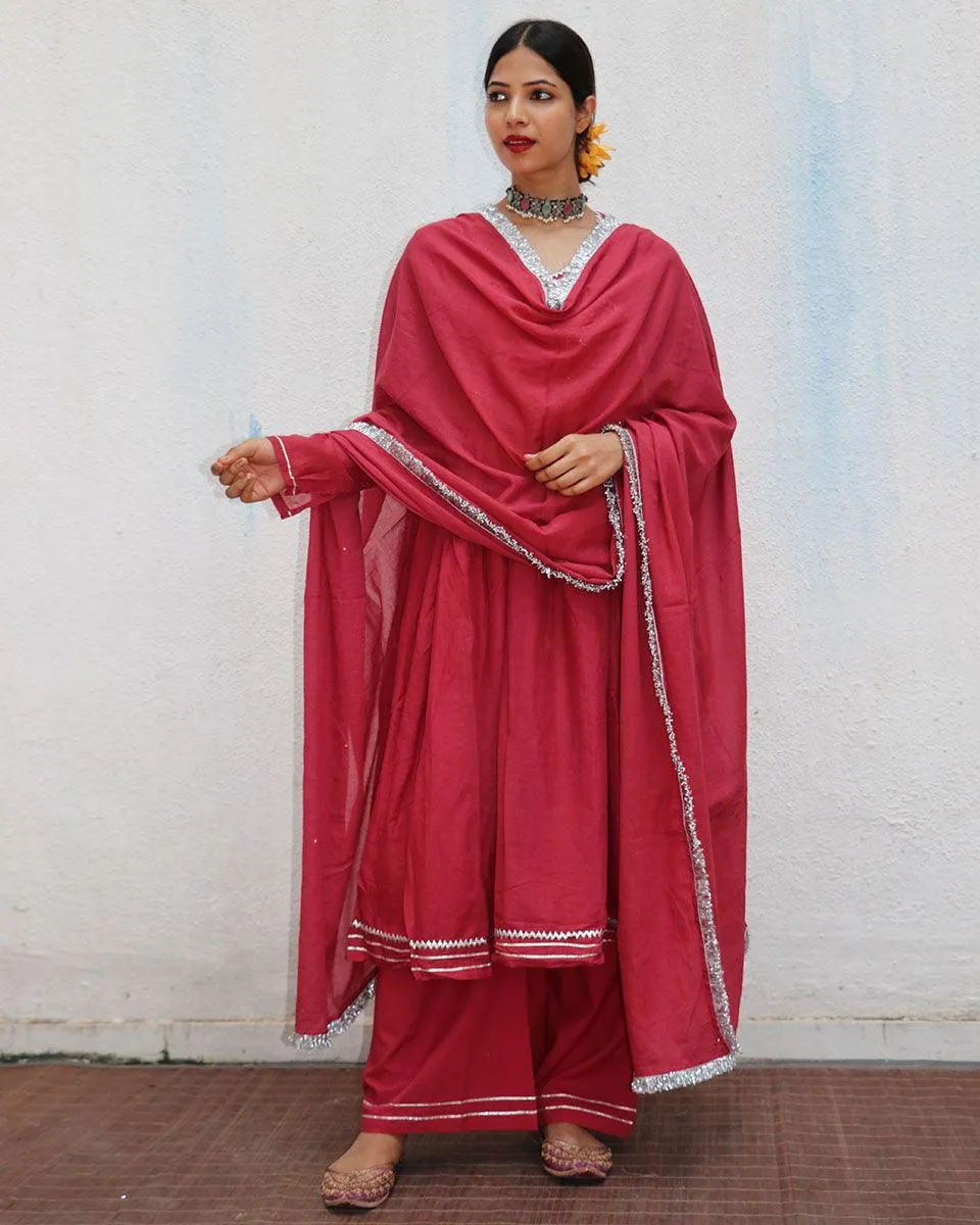 Kusum Crimson Mulmul Cotton Kurta Set with Dupatta Set of 3 - Jugnoo