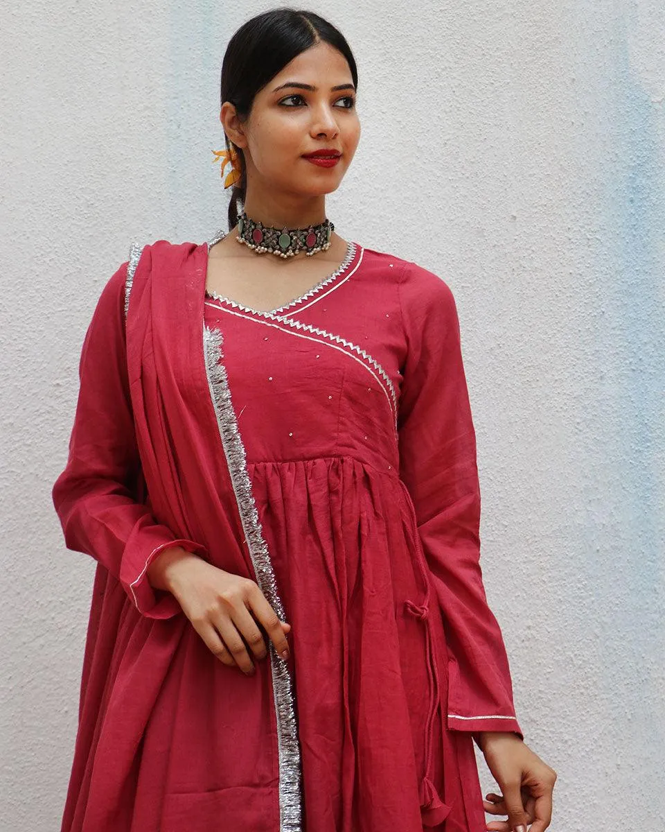 Kusum Crimson Mulmul Cotton Kurta Set with Dupatta Set of 3 - Jugnoo