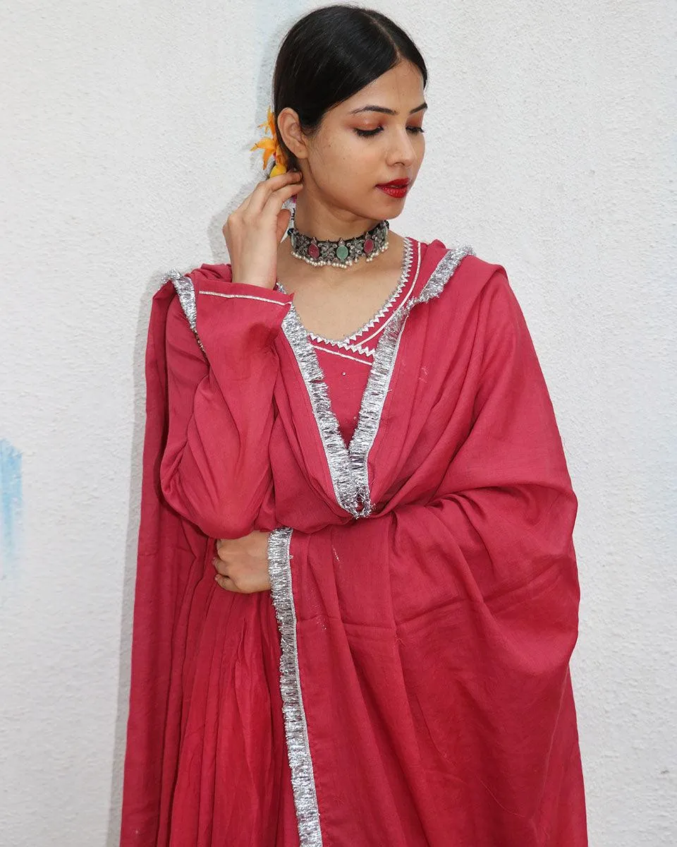 Kusum Crimson Mulmul Cotton Kurta Set with Dupatta Set of 3 - Jugnoo
