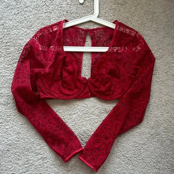 La Vie en Rose Red Lace Long Sleeve Bralette Top