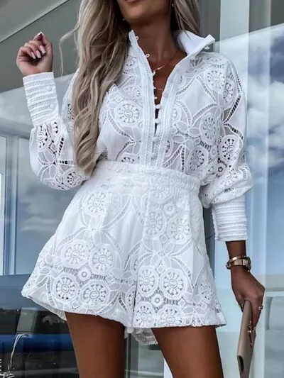 Lace Button Detail Long Sleeve Top and Shorts Set