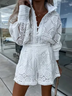 Lace Button Detail Long Sleeve Top and Shorts Set