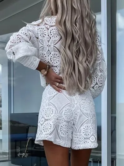 Lace Button Detail Long Sleeve Top and Shorts Set