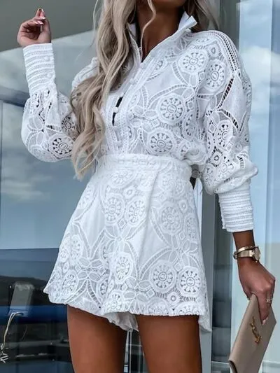 Lace Button Detail Long Sleeve Top and Shorts Set