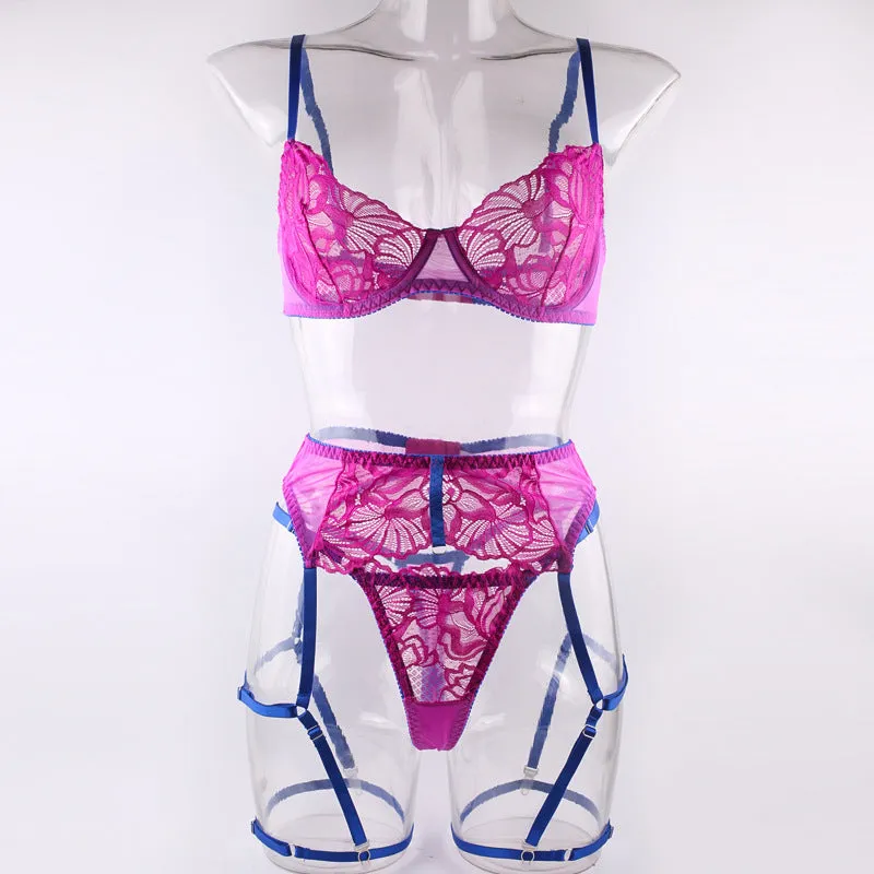 Lace Contrast Color Belt Leg Ring Garter Underwear Set