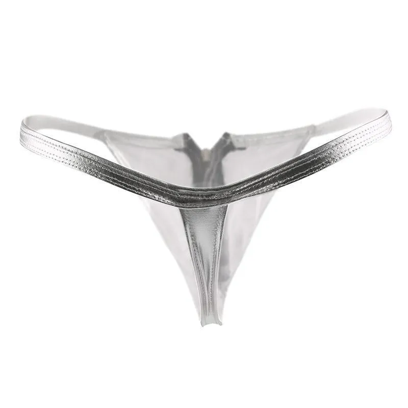 Leather Temptation: Women's Front-Opening T-Pants with Zipper Thongs