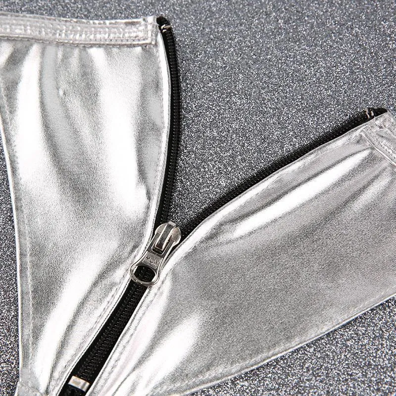 Leather Temptation: Women's Front-Opening T-Pants with Zipper Thongs