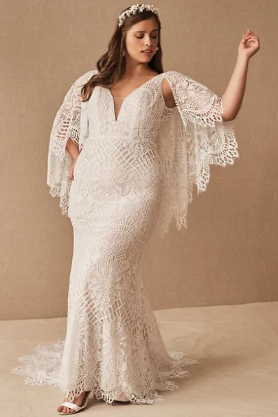 Long Batwing Sleeves Lace Wedding Gowns Plus Size Criss Cross