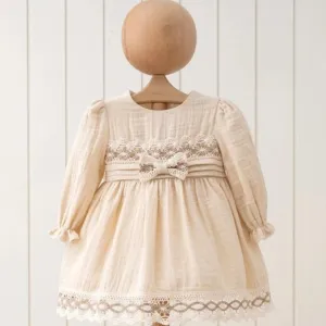 Long Sleeves Lace Ribbon Muslin Dress, Natural