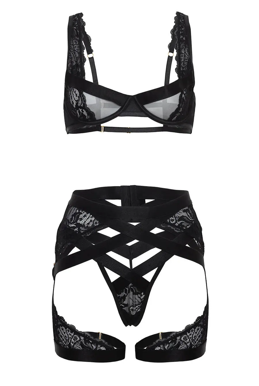 Luxe Black Lace Underwire Bra, Gstring & Garter Set