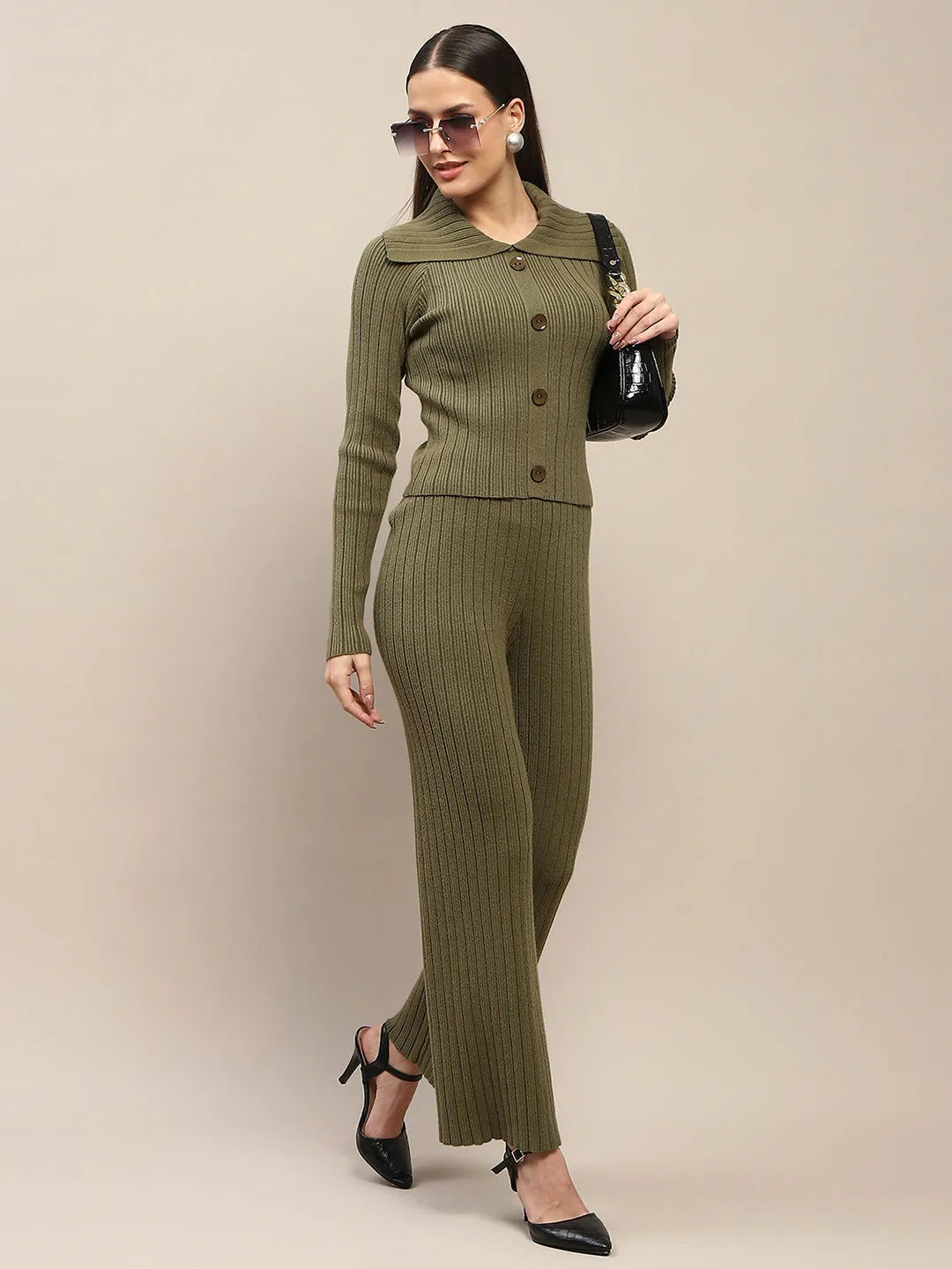 Madame Buttoned Top and Straight Bottoms Olive Green Knitted Coord Set
