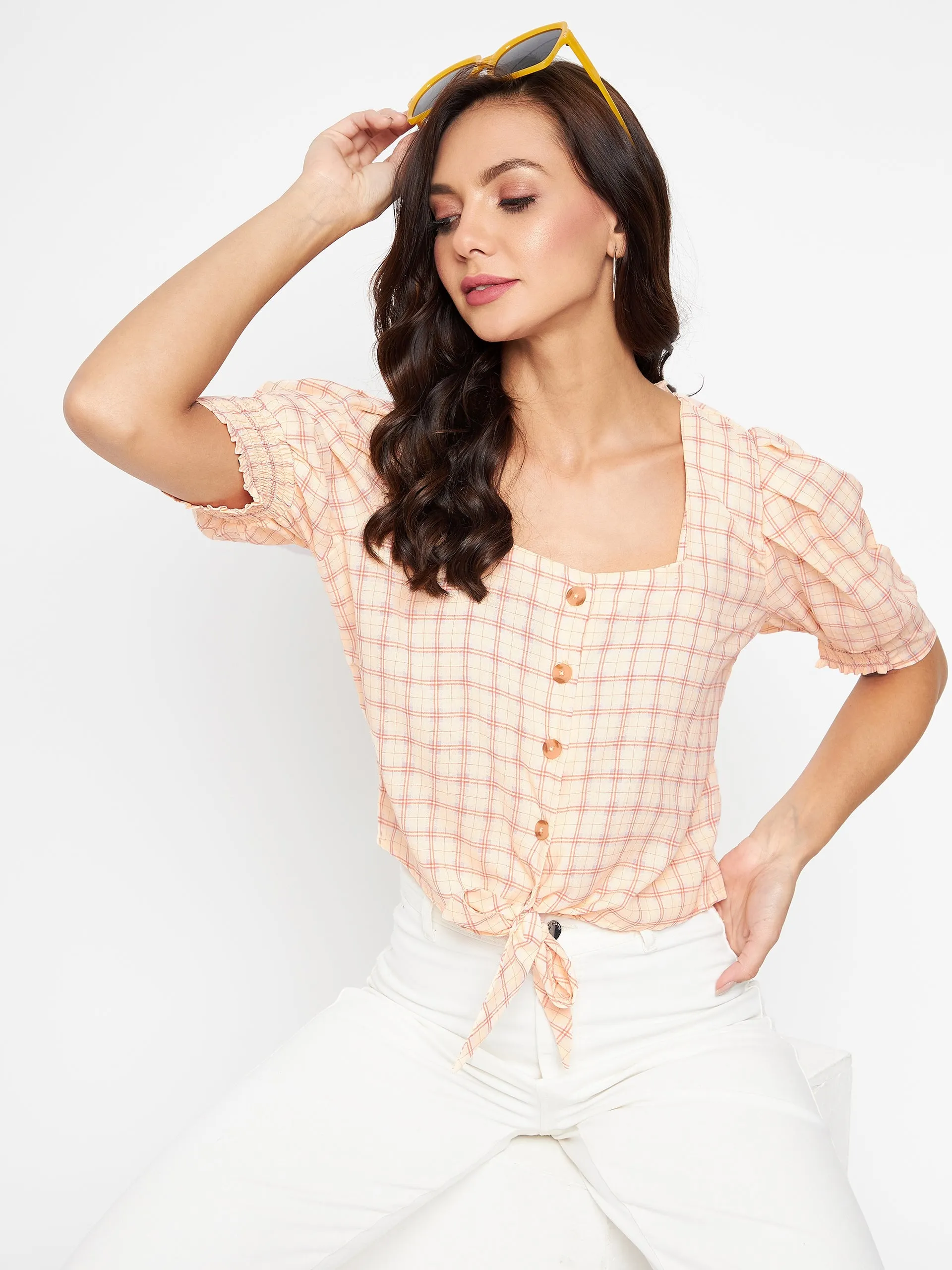 Madame Square Neck Peach Knotted Crop Top