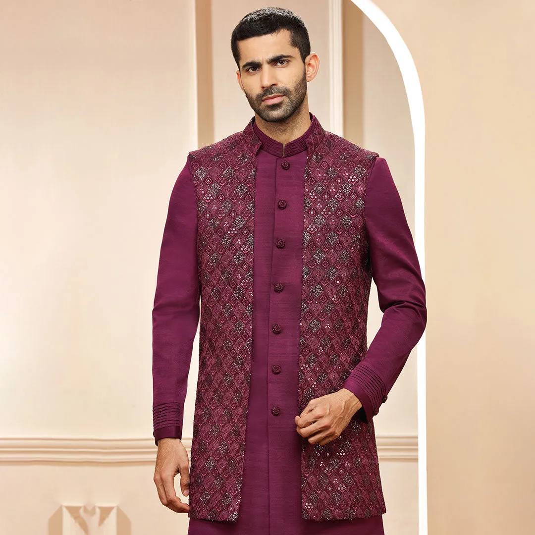 Majestic Majenta Colour Indo Western With Artwork Jacket