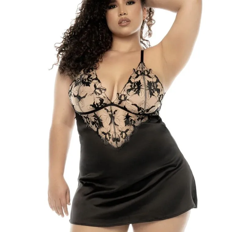 Mapale Embroidered Lace and Satin Babydoll 7545 in Black/Nude