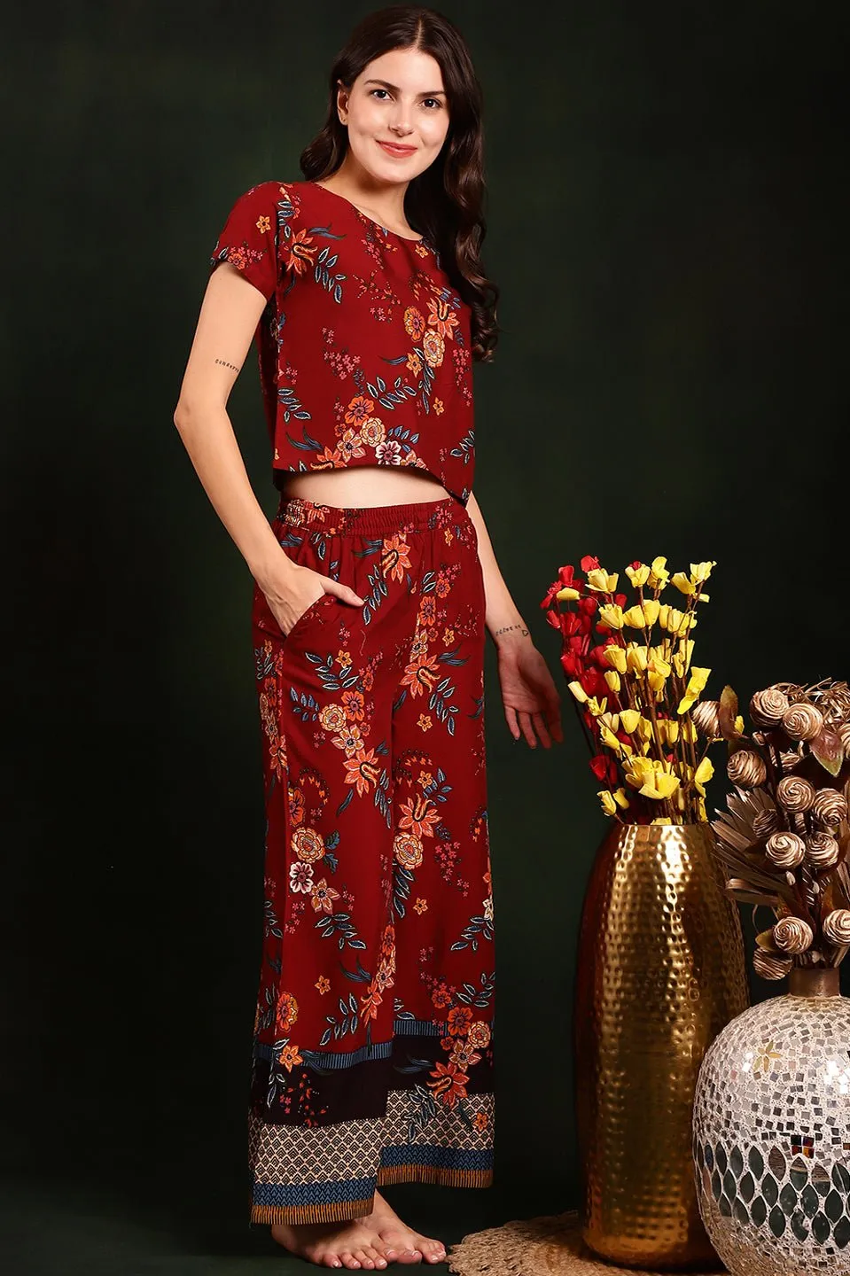Maroon Floral Printed Viscose Rayon Night Suit for Women | S-XL | Claura