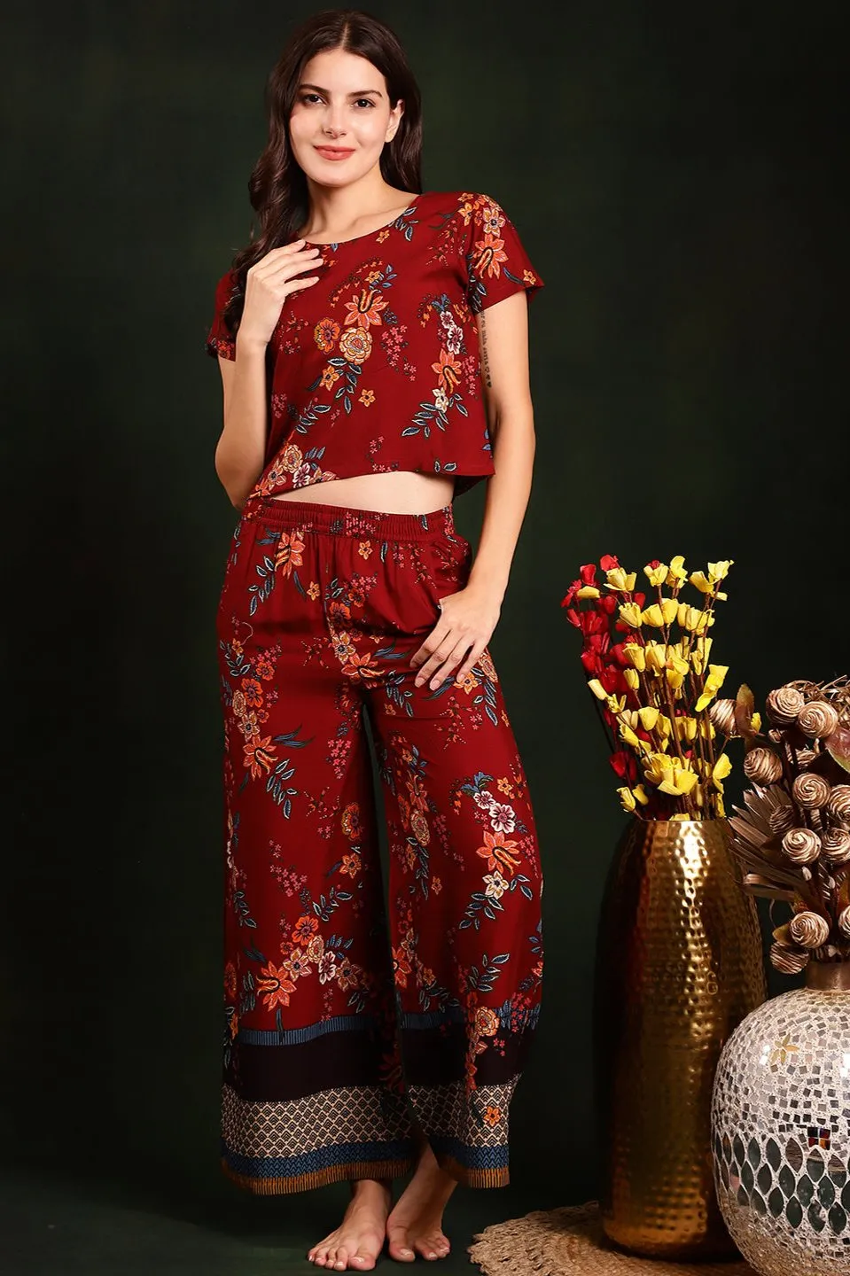 Maroon Floral Printed Viscose Rayon Night Suit for Women | S-XL | Claura