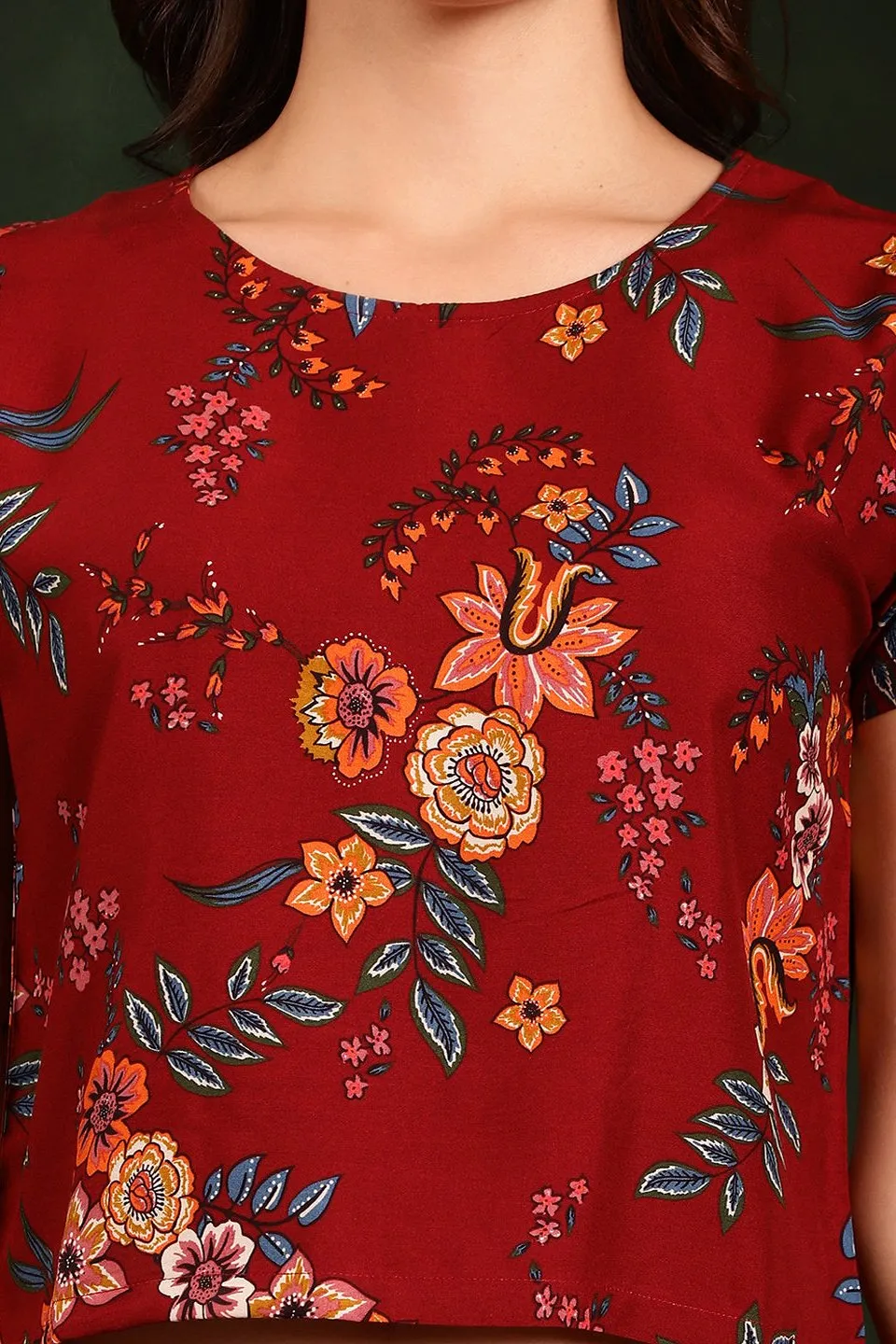 Maroon Floral Printed Viscose Rayon Night Suit for Women | S-XL | Claura