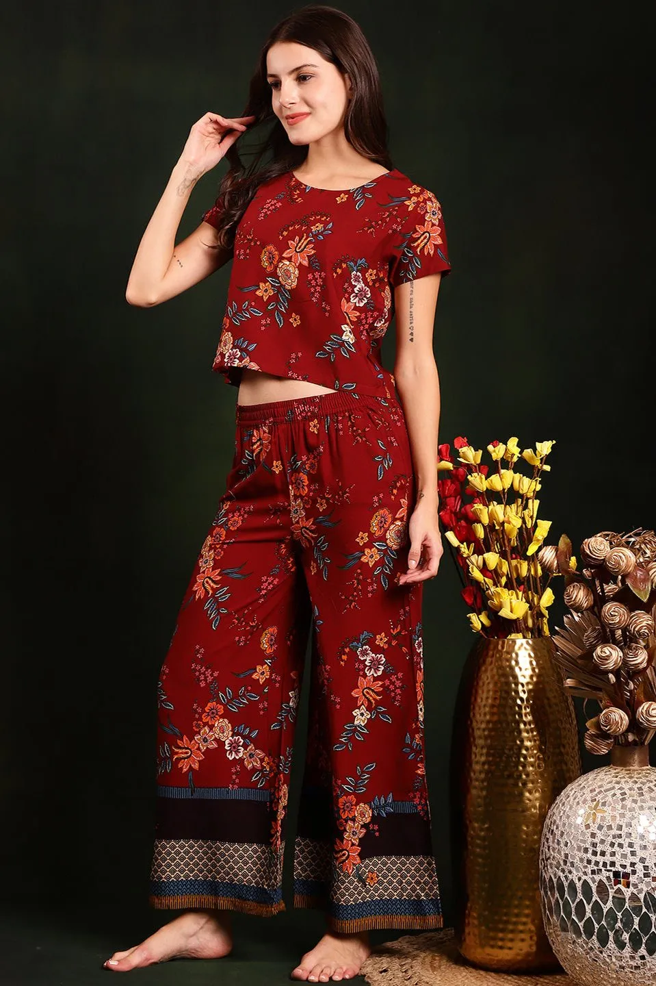Maroon Floral Printed Viscose Rayon Night Suit for Women | S-XL | Claura