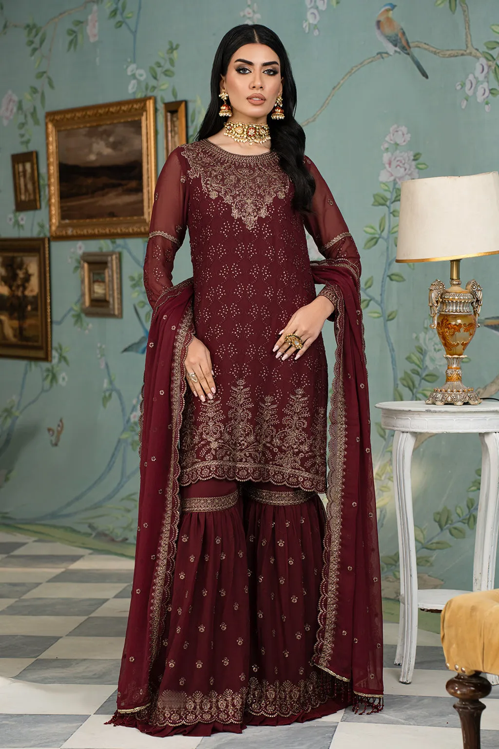 Maroon Shade Embroidered Pakistani Party Wear Sharara Kameez