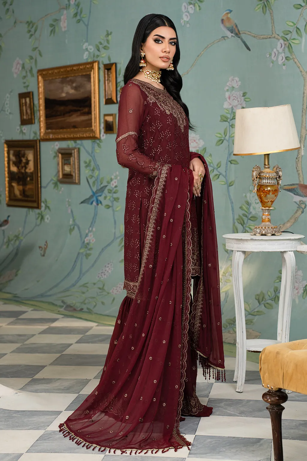 Maroon Shade Embroidered Pakistani Party Wear Sharara Kameez