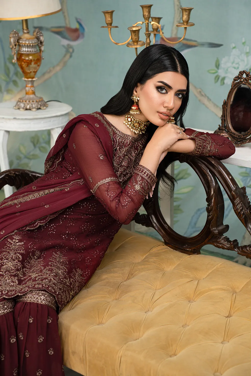 Maroon Shade Embroidered Pakistani Party Wear Sharara Kameez