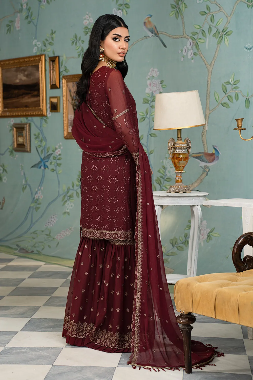 Maroon Shade Embroidered Pakistani Party Wear Sharara Kameez