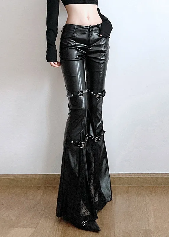 Modern Black Patchwork Lace Faux Leather Flare Bottoms Spring YP010