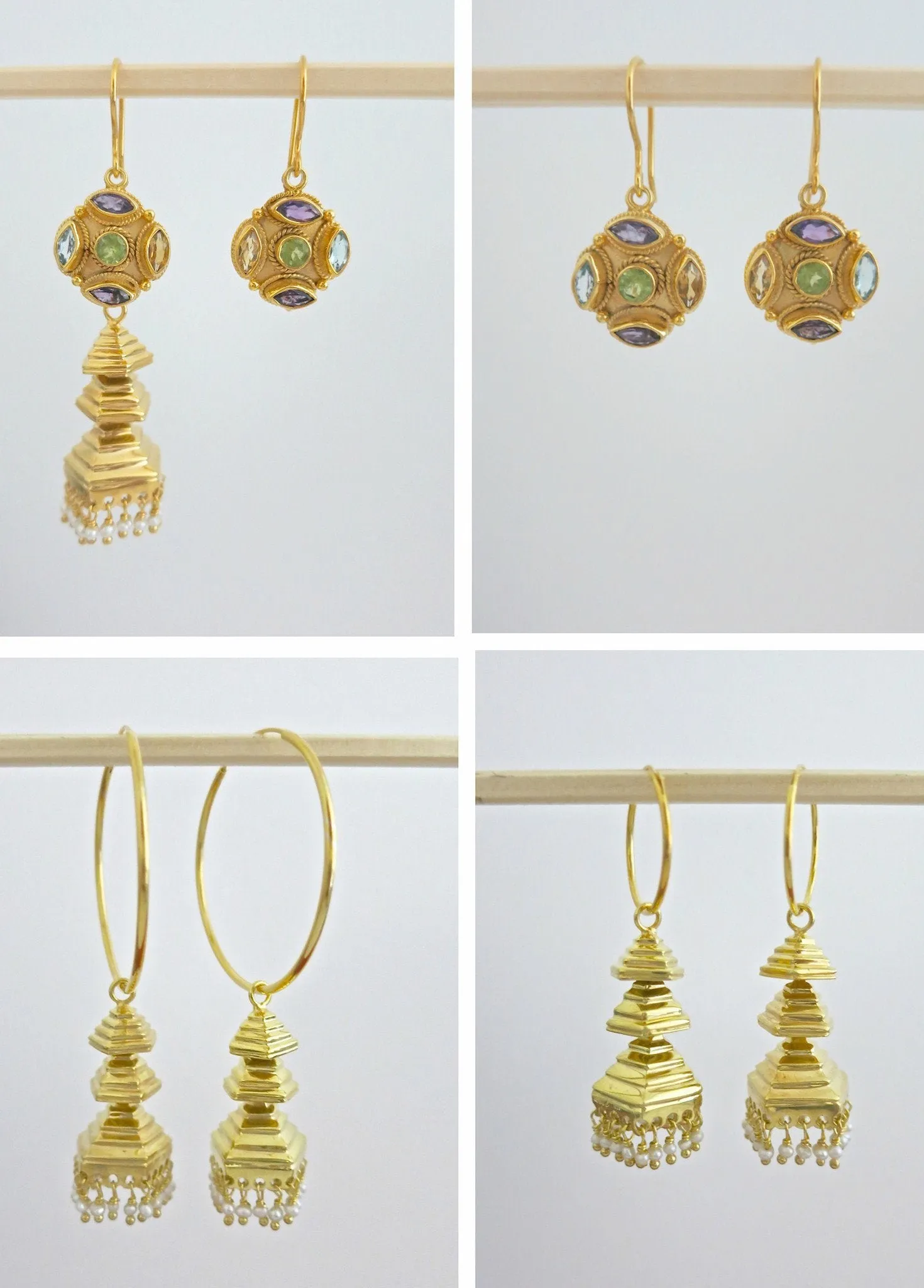 Modern, gold-plated, detachable, tiered jhumkas with multi-color gemstone tops