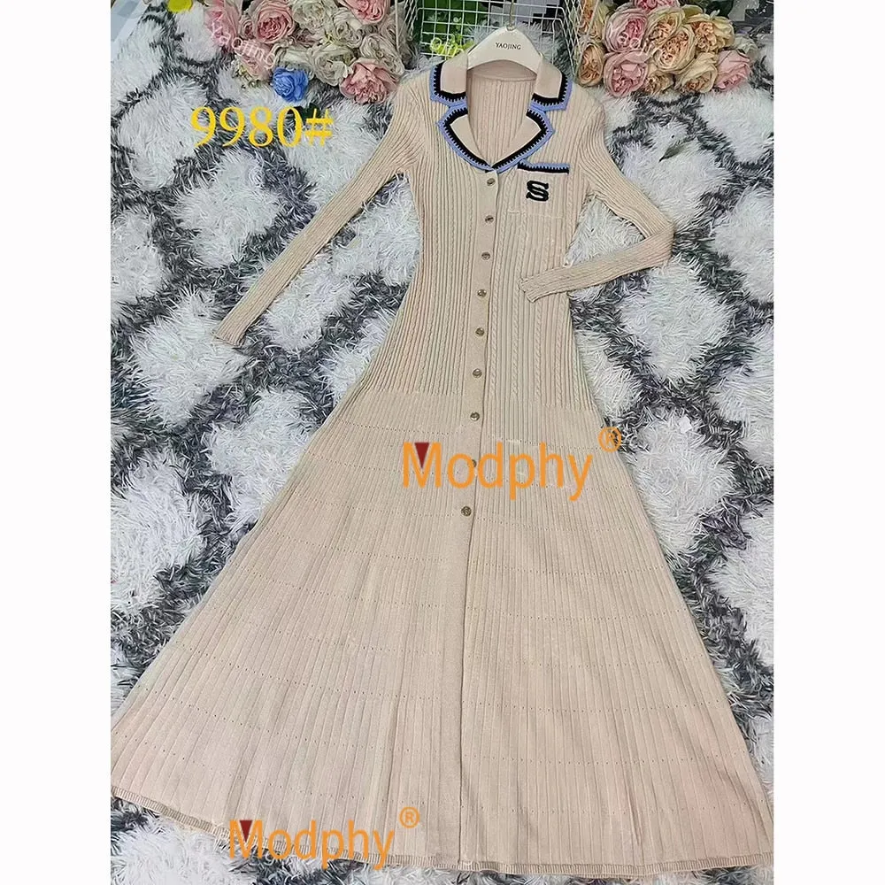 Modphy Elegant Slim Knitted Long Dress Women's Single breasted Long sleeved Designer Slim Vintage Dresses Autumn